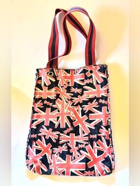 Union Jack Graphic Denim Tote Bag with 2-sided Zip Closure & Webbing Straps